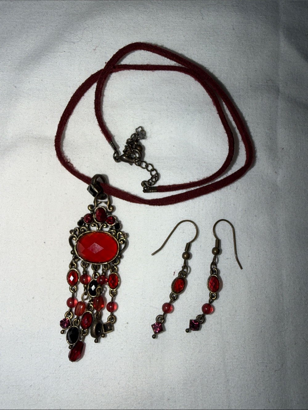 Red Beaded Fringe Pendant Necklace with Matching Earrings